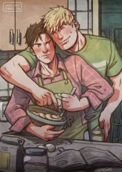 Rule 34 | 2boys, apron, arm around shoulder, bad id, bad tumblr id, bara, batter, black hair, blonde hair, blush, book, collared shirt, cooking, couple, cris art, ear piercing, green apron, hand on own hip, hulkling, kitchen, leaning on person, male focus, marvel, multiple boys, nervous, open book, pectorals, piercing, seductive smile, shirt, short hair, sideburns, smile, thick eyebrows, toned, toned male, upper body, wavy mouth, wiccan, yaoi