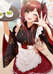 Rule 34 | 1girl, absurdres, alternate hairstyle, apron, black kimono, blush, checkered clothes, checkered kimono, cup, frilled apron, frills, hair ribbon, hand up, highres, holding, holding tray, idolmaster, idolmaster shiny colors, indoors, japanese clothes, kaiso (kaisooekaki), kimono, kimono skirt, long hair, long sleeves, looking at viewer, one eye closed, open mouth, osaki amana, pleated skirt, red hair, red skirt, ribbon, skirt, smile, solo, standing, swept bangs, teacup, teapot, tray, twintails, waitress, white apron, wide sleeves, yellow eyes