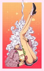 Rule 34 | 1girl, 26 tgw, blue eyes, charlotte smoothie, commentary request, crossed legs, cup, dated, high heels, highres, holding, holding cup, jacket, leg tattoo, legs up, long hair, long legs, looking at viewer, one piece, open clothes, open jacket, pink lips, shirt, short shorts, shorts, simple background, solo, tattoo, white hair, white shirt