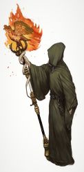 Rule 34 | 1boy, aquila (symbol), chain belt, fingernails, from side, green robe, highres, holding, holding staff, hood, hood up, long sleeves, malcador the sigillite, male focus, mossacannibalis, robe, simple background, solo, staff, warhammer 40k, white background, wide sleeves