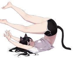 Rule 34 | 1girl, animal ears, ass, bad id, bad pixiv id, bare legs, barefoot, black hair, black shorts, breasts, cat ears, cat girl, cat tail, claw pose, commentary, dongho kang, english commentary, feet, feet up, fingernails, from side, full body, hands up, highres, legs up, long hair, looking at viewer, nail polish, original, sharp fingernails, shirt, short shorts, shorts, simple background, solo, stretching, tail, thighs, top-down bottom-up, v-shaped eyebrows, white nails, white shirt, yellow eyes