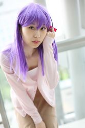 Rule 34 | camisole, cardigan, cosplay, fate/stay night, fate (series), hair ribbon, highres, matou sakura, minato misa, photo (medium), purple hair, ribbon, skirt