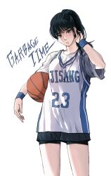 Rule 34 | 1girl, ball, basketball (object), basketball jersey, basketball uniform, bike shorts, black hair, carrying, carrying under arm, character request, closed mouth, clothes writing, copyright name, cowboy shot, garbage time, hand in own hair, hand up, head tilt, highres, korean commentary, looking at viewer, ponytail, s000pkm, shirt, short sleeves, simple background, solo, sportswear, t-shirt, white background, white shirt, wristband