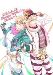 Rule 34 | 2boys, adjusting clothes, adjusting headwear, battle tendency, blonde hair, caesar anthonio zeppeli, dated, dual persona, facial mark, feather hair ornament, feathers, fingerless gloves, flower, gloves, green eyes, green jacket, hair ornament, happy birthday, hat, hat flower, headband, hydrokinesis, jacket, jojo no kimyou na bouken, male focus, multiple boys, pants, pink scarf, r9exx, scarf, shirt, soap bubbles, striped clothes, striped pants, striped shirt, sunflower, top hat, triangle print, water, white jacket