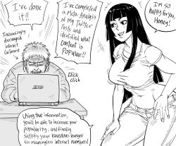 Rule 34 | 1boy, 1girl, artist self-insert, bb (baalbuddy), black hair, breasts, computer, denim, desk, english text, facial hair, greyscale, hand on own hip, hand on own leg, highres, hime cut, hime cut wife (baalbuddy), jeans, laptop, large breasts, long hair, monochrome, original, pants, plunging neckline, simple background, sitting, speech bubble, stubble, tank top, white background
