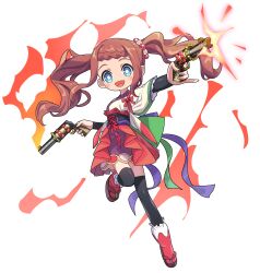 Rule 34 | 1girl, :d, black corset, black thighhighs, blue eyes, bonbon (merc storia), bow, braid, bright pupils, brown hair, corset, dot nose, dual wielding, full body, gun, hair ornament, highres, holding, holding gun, holding weapon, ishidai (ishidai4682), long hair, looking at viewer, merc storia, open mouth, purple skirt, red bow, red socks, sandals, skirt, smile, socks, solo, thighhighs, twintails, weapon, white background, zettai ryouiki