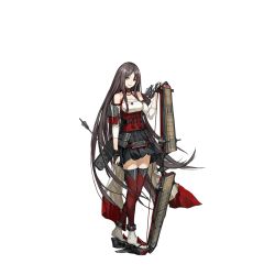 Rule 34 | 1girl, arrow (projectile), black gloves, black skirt, bow, braid, breasts, brown hair, closed mouth, detached sleeves, fingerless gloves, flight deck, full body, gloves, grey eyes, hair over shoulder, holding, holding arrow, infukun, legs together, long hair, looking at viewer, machinery, official art, parted bangs, pleated skirt, quiver, red thighhighs, remodel (warship girls r), sandals, shoukaku (warship girls r), skirt, smile, solo, standing, thighhighs, transparent background, very long hair, warship girls r, zettai ryouiki