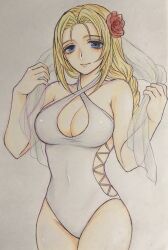 Rule 34 | 1girl, blonde hair, blue eyes, braid, breasts, cleavage, cleavage cutout, closed mouth, clothing cutout, covered navel, higemaccho, highres, large breasts, long hair, looking at viewer, mirage koas, see-through, see-through shawl, shawl, simple background, single braid, smile, solo, star ocean, star ocean anamnesis, star ocean till the end of time, swimsuit, white background