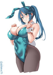 Rule 34 | 1girl, animal ears, bare shoulders, blue eyes, blue hair, blush, breasts, cleavage, cowboy shot, detached collar, ebifurya, fake animal ears, highres, isuzu (kancolle), kantai collection, large breasts, leotard, long hair, looking at viewer, pantyhose, playboy bunny, rabbit ears, rabbit tail, smile, solo, strapless, tail, twintails, twitter username, white background, wrist cuffs
