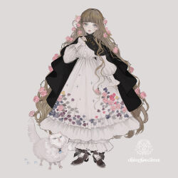 Rule 34 | 1girl, animal, arm at side, black cloak, blunt bangs, brown hair, buttoned cuffs, buttons, cat, cloak, closed mouth, commentary request, dress, expressionless, floral print, flower, frilled dress, frills, full body, grey eyes, hair flower, hair ornament, hand up, high collar, logo, long hair, long sleeves, looking at viewer, nekosuke (oxo), original, pink flower, pink rose, print dress, rose, shoes, simple background, skirt hold, sleeve cuffs, solo, standing, thorns, very long hair, wavy hair, white cat, white dress
