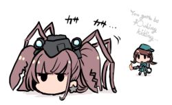 Rule 34 | 2girls, atlanta (kancolle), brown hair, censored text, disembodied head, earrings, english text, fairy (kancolle), flamethrower, garrison cap, hat, head spider, headgear, jewelry, kantai collection, lobster claw, long hair, lowres, m2 flamethrower, monster, multiple girls, no mouth, open mouth, parody, simple background, single earring, star (symbol), star earrings, terrajin, the thing, the thing (creature), two side up, weapon, white background