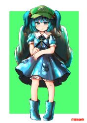 Rule 34 | 1girl, akenoin soumon, bare arms, blue dress, blue eyes, blue hair, blunt bangs, border, commentary request, dress, flat chest, full body, green background, hair bobbles, hair ornament, hat, highres, kawashiro nitori, medium hair, outside border, petite, pigeon-toed, simple background, solo, standing, touhou, two side up, white border
