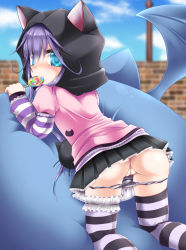 Rule 34 | 1girl, animal ears, animal hood, ass, bastet lore, blue eyes, candy, cat ears, character request, cleft of venus, emil chronicle online, food, from behind, highres, hood, licking, lollipop, looking at viewer, looking back, lying, on stomach, panties, panty pull, purple hair, pussy, shimo (depthbomb), skirt, solo, striped clothes, striped panties, striped thighhighs, thigh strap, thighhighs, tongue, tongue out, uncensored, underwear
