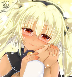 Rule 34 | 1girl, alternate hair color, blonde hair, blush, commentary request, crying, crying with eyes open, dark-skinned female, dark skin, dated, english text, glasses, gorget, hand on another&#039;s cheek, hand on another&#039;s face, happy, happy birthday, happy tears, head tilt, highres, jewelry, kantai collection, looking at viewer, mashiro yukiya, musashi (kancolle), musashi kai (kancolle), pov, pov hands, red eyes, ring, smile, solo focus, tan, tears