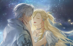 Rule 34 | 1boy, 1girl, blonde hair, braid, closed eyes, coat, collar, collarbone, commentary, crying, crying with eyes open, dress, final fantasy, final fantasy xiv, floating hair, from side, grey eyes, hair ribbon, half updo, hand on another&#039;s chin, hand up, highres, hyur, jewelry, john doodle, long hair, metal collar, minfilia warde, neck tattoo, night, night sky, open mouth, pendant, profile, ribbon, short hair, side braid, single braid, sky, smile, star (sky), starry sky, swept bangs, symbol-only commentary, tattoo, tears, thancred waters, upper body, white coat, white dress, white hair