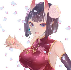 Rule 34 | 1girl, alternate breast size, breasts, cherry blossoms, china dress, chinese clothes, dress, elbow gloves, eyeshadow, fate/grand order, fate (series), flower, food, fruit, gloves, hair flower, hair ornament, horns, large breasts, makeup, natsujiru, oni, peach, pointy ears, purple eyes, purple hair, shuten douji (fate), single glove, solo, thick eyebrows, white background