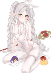 Rule 34 | 1girl, acedia, animal ears, arm support, azur lane, bare arms, bare shoulders, blush, braid, breasts, choker, closed mouth, commentary, cosplay, elf, english commentary, fake animal ears, fern (sousou no frieren), forehead, frieren, green eyes, grey hair, hand to own mouth, highres, le malin (azur lane), le malin (azur lane) (cosplay), le malin (listless lapin) (azur lane), leotard, long hair, looking at viewer, manjuu (azur lane), no shoes, nontraditional playboy bunny, o-ring, o-ring choker, pantyhose, parted bangs, playboy bunny, pointy ears, rabbit ears, sitting, small breasts, solo focus, sousou no frieren, staff, stark (sousou no frieren), thick eyebrows, thigh strap, twin braids, twitter username, very long hair, white choker, white leotard, white pantyhose, yokozuwari