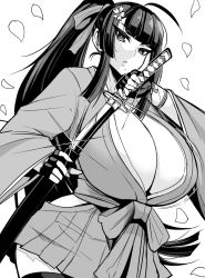 Rule 34 | 1girl, breasts, huge breasts, long hair, monochrome, nishida megane, sword, weapon