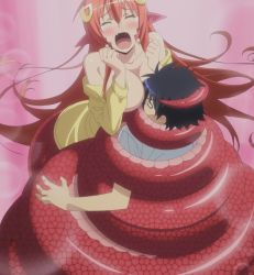 Rule 34 | 10s, 1boy, 1girl, blush, breasts, cleavage, closed eyes, fang, gradient background, highres, lamia, large breasts, long hair, miia (monster musume), monster girl, monster musume no iru nichijou, open mouth, pointy ears, red hair, screencap, snake tail, stitched, tail, third-party edit