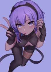 Rule 34 | 1girl, :p, bare shoulders, black gloves, black pantyhose, blush, breasts, bright pupils, center opening, dark-skinned female, dark skin, evan yang, fate/grand order, fate/prototype, fate/prototype: fragments of blue and silver, fate (series), fingerless gloves, foreshortening, from above, gloves, tucking hair, hairband, hassan of serenity (fate), leg wrap, looking at viewer, looking up, pantyhose, purple background, purple eyes, purple hair, simple background, small breasts, solo, tongue, tongue out, v, white pupils
