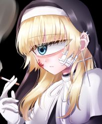 Rule 34 | 1girl, azen (mntimcczgrtn), bandaid, bandaid on cheek, bandaid on face, blonde hair, blood, blood on face, blue eyes, blush, cigarette, constricted pupils, cross, cyclops, ear piercing, earrings, eyeshadow, gloves, habit, hair over shoulder, highres, holding, holding cigarette, jewelry, jitome, long hair, looking to the side, makeup, monster girl, multiple earrings, nun, one-eyed, original, piercing, smoke, smoking, solo, traditional nun