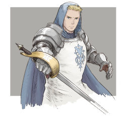 Rule 34 | 1boy, armor, blonde hair, blue cape, cape, fighting stance, gauntlets, green eyes, grey background, highres, holding, holding sword, holding weapon, hood, lans hamilton, male focus, serious, solo, sword, tactics ogre, weapon, windcaller