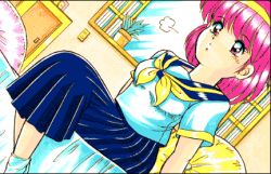 Rule 34 | 1girl, ayumi-chan monogatari, ayumi (ayumi-chan monogatari), bed, game cg, lowres, on bed, red hair, retro artstyle, school uniform, serafuku, sitting, socks