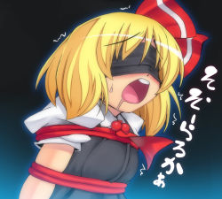 Rule 34 | 1girl, ^^^, blindfold, blonde hair, blush, bound, drooling, embodiment of scarlet devil, face, female focus, gradient background, hair ribbon, kanno, open mouth, ribbon, rumia, saliva, short hair, solo, tied up, touhou