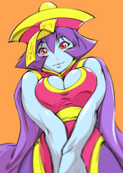 Rule 34 | 1girl, blue skin, breasts, chinese clothes, cleavage, cleavage cutout, closed mouth, clothing cutout, colored skin, flipped hair, hat, jiangshi, lei lei, looking at viewer, purple hair, red eyes, short hair, simple background, smile, solo, ueyama michirou, vampire (game)