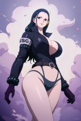 Rule 34 | 1girl, artist request, black eyes, black hair, black panties, breasts, closed mouth, curvy, eyelashes, female focus, highres, large breasts, legs, lips, long hair, long legs, mature female, nico robin, nico robin (egghead), one piece, panties, revealing clothes, shiny skin, solo, standing, thong, underwear, wide hips