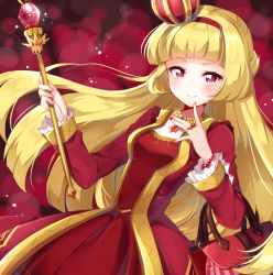Rule 34 | 1girl, bad id, bad pixiv id, bag, blonde hair, bracelet, cowboy shot, crown, dress, gem, hairband, handbag, highres, jewelry, kobeni, long hair, looking at viewer, mini crown, necklace, otoca d&#039;or, red background, red dress, red eyes, red gemstone, red theme, ring, scepter, smile, solo, waste (otoca d&#039;or), waste (otoca doll)