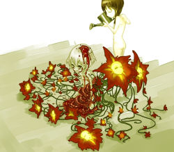 Rule 34 | 1girl, androgynous, asgr, bad id, bad pixiv id, blood, closed eyes, flower, guro, holding, monster girl, nude, original, plant, plant girl, sitting, standing, surreal, watering can