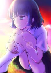Rule 34 | 1girl, absurdres, ahoge, ass, backlighting, black skirt, blouse, blue hair, blunt bangs, collared shirt, commentary request, feet out of frame, from side, grass, green eyes, head rest, highres, hugging own legs, knee to face, kneehighs, knees to chest, knees up, legs, legs together, lens flare, light smile, lipstick, looking afar, looking away, makeup, medium hair, nanino monaka, original, outdoors, panties, pantyshot, pleated skirt, raised eyebrows, red sky, shirt, shoes, sidelocks, sitting, skirt, sky, socks, solo, twilight, underwear, white panties, white shirt, white socks