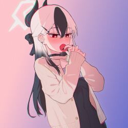 Rule 34 | 1girl, aoore x64, black bow, black choker, black dress, black hair, blue archive, blush, bow, bright pupils, brown cardigan, cardigan, choker, chromatic aberration, collarbone, covering own mouth, demon horns, double-parted bangs, dress, dutch angle, earrings, food, gradient background, gradient hair, hair between eyes, hair bow, hair ornament, hairclip, halo, highres, holding, holding food, horns, jewelry, kayoko (blue archive), kayoko (dress) (blue archive), long hair, long sleeves, macaron, mole, mole on neck, multicolored hair, open cardigan, open clothes, red eyes, solo, upper body, white hair, white halo