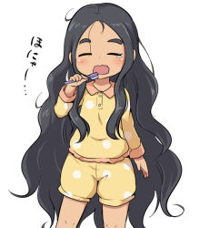 Rule 34 | 1girl, black hair, blush, closed eyes, collared shirt, creatures (company), facing viewer, game freak, hair down, hand up, hapu (pokemon), holding, holding toothbrush, island kahuna, long hair, nekono rin, nintendo, open mouth, pajamas, parted bangs, pokemon, pokemon sm, polka dot, polka dot shirt, polka dot shorts, shirt, short shorts, shorts, simple background, sleepy, solo, tears, thick eyebrows, toothbrush, translation request, very long hair, wavy mouth, white background, yellow pajamas, yellow shirt, yellow shorts