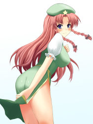 Rule 34 | 1girl, ass, blue eyes, blush, braid, china dress, chinese clothes, dress, female focus, green dress, hat, highres, hong meiling, long hair, no panties, red hair, rick.black, solo, embodiment of scarlet devil, touhou, twin braids