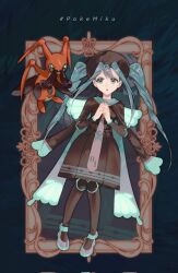 Rule 34 | 1girl, :o, blue eyes, blue hair, blue wings, brown dress, brown headwear, brown necktie, brown pantyhose, bug miku (project voltage), character name, corrupted twitter file, creatures (company), dress, eyeshadow, fake wings, full body, game freak, gen 4 pokemon, grey eyeshadow, grey footwear, hair through headwear, hands up, hatsune miku, highres, jun9 (junqqqqqq), kricketune, long hair, long sleeves, looking at another, makeup, necktie, nintendo, open mouth, own hands clasped, own hands together, pantyhose, picture frame, pokemon, pokemon (creature), project voltage, shoes, twintails, very long hair, vocaloid, wings