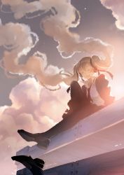 Rule 34 | 1girl, ajimita, artist name, black footwear, black necktie, black pantyhose, closed eyes, cloud, collared shirt, evening, floating hair, grey hair, hair between eyes, hatsune miku, highres, loafers, long hair, necktie, ocean, open mouth, outdoors, pantyhose, reflection, shirt, shoes, signature, sitting, smile, solo, twintails, upside-down, vocaloid