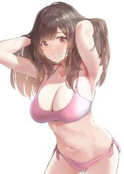 Rule 34 | 1girl, :d, armpits, arms up, bikini, breasts, brown hair, cleavage, hair lift, highres, idolmaster, idolmaster shiny colors, large breasts, lips, long hair, looking at viewer, navel, open mouth, pekoni (peconi), red eyes, sagging breasts, side-tie bikini bottom, simple background, smile, solo, swimsuit, teeth, tsukioka kogane, wet, wet hair, white background