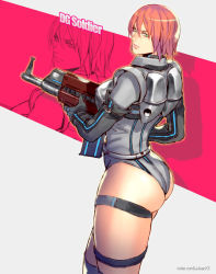Rule 34 | 1girl, armor, ass, assault rifle, breastplate, breasts, character name, character request, commentary, commission, curvy, dirge of cerberus final fantasy vii, english commentary, extra, female focus, final fantasy, final fantasy vii, from behind, green eyes, grey leotard, gun, holding, holding weapon, leotard, lips, looking back, medium breasts, nose, pink lips, red hair, rejean dubois, rifle, short hair, soldier, solo, square enix, thigh strap, thighs, weapon, zoom layer