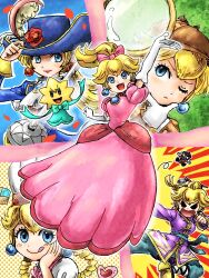 Rule 34 | 1girl, angry, blonde hair, blue eyes, bow, breasts, chef hat, detective, detective peach, dress, earrings, gloves, hat, jewelry, kicdon, kicking, kung fu peach, long sleeves, magnifying glass, mario (series), medium breasts, multi-tied hair, nintendo, one eye closed, pants, patissiere peach, pink bow, princess peach, princess peach: showtime!, short sleeves, sour bunch, stella (peach), swordfighter peach