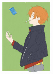 Rule 34 | 1girl, black jacket, blue eyes, chain, character request, cigarette, cigarette pack, female focus, green background, grey pants, hair between eyes, hand in pocket, highres, isshiki (ffmania7), jacket, long sleeves, looking away, mouth hold, nakao azuma, nijisanji, open clothes, open jacket, orange hair, pants, parted lips, profile, red shirt, reverse trap, shirt, smoke, smoking, solo, two-tone background, virtual youtuber, white background