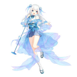 Rule 34 | 1girl, absurdres, blue eyes, blush, braid, brooch, center frills, crown braid, frills, full body, hair ribbon, hand up, high-low skirt, highres, holding, holding microphone, indie virtual youtuber, indoors, japanese clothes, jewelry, kimono, long hair, long sleeves, looking at viewer, microphone, microphone stand, momo mermaid, nage (emae626), neck ribbon, obi, off shoulder, open mouth, ribbon, sandals, sash, short kimono, smile, socks, solo, standing, standing on one leg, very long hair, virtual youtuber, white hair
