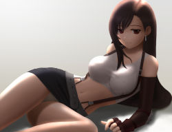 Rule 34 | 1990s (style), 1girl, belt, breasts, brown eyes, brown hair, clothes lift, crop top, earrings, final fantasy, final fantasy vii, fingerless gloves, gloves, impossible clothes, impossible shirt, jewelry, large breasts, legs, long hair, midriff, miniskirt, navel, panties, pantyshot, pencil skirt, retro artstyle, shirt, siraha, skirt, skirt lift, smile, solo, suspender skirt, suspenders, tank top, taut clothes, taut shirt, tifa lockhart, underwear, upskirt