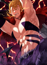 Rule 34 | 1boy, abs, absurdres, arms up, bara, biting, blonde hair, cape, demon tail, electricity, highres, mairimashita! iruma-kun, male focus, mouth hold, muscular, muscular male, navel, onimoti, red cape, sabnock sabro, solo, tail, teeth hold, yellow eyes