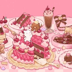 Rule 34 | :3, ^ ^, angel, angel wings, animal focus, bear, black eyes, bow, box, box of chocolates, brown bow, cake, cake on head, cake slice, cat, cinnamon stick, closed eyes, closed mouth, commentary, food, food focus, fork, halo, heart, heart-shaped box, highres, holding, milkshake, no humans, open mouth, original, oversized food, oversized object, pancake, pink background, plate, sayuupi, smile, solid circle eyes, symbol-only commentary, table, valentine, white wings, wings, yellow halo
