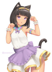 Rule 34 | 1girl, animal ear fluff, animal ears, apron, armlet, bare shoulders, black hair, blunt bangs, cat ears, cat tail, dark-skinned female, dark skin, hands up, looking at viewer, medium hair, open mouth, original, paw pose, purple apron, purple eyes, sasaame, simple background, skirt, solo, tail, twitter username, usekh collar, waist apron, white background, wrist cuffs