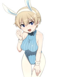 Rule 34 | 1girl, animal ears, blonde hair, blue eyes, blue leotard, brave witches, breasts, closed mouth, commentary, cowboy shot, fake animal ears, halterneck, hand on own thigh, large breasts, leaning forward, leotard, looking at viewer, medium breasts, nanashino, nikka edvardine katajainen, open mouth, pantyhose, playboy bunny, rabbit ears, ribbed leotard, simple background, smile, solo, standing, thigh gap, white background, white pantyhose, world witches series, wristband