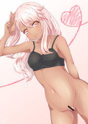 Rule 34 | 1girl, absurdres, armpits, arms behind back, bar censor, bare arms, bare shoulders, black bra, blush, bottomless, bra, bra strap, breasts, censored, chloe von einzbern, closed mouth, collarbone, covered erect nipples, cowboy shot, dark-skinned female, dark skin, eyelashes, fate/kaleid liner prisma illya, fate (series), gluteal fold, gradient background, gradient eyes, hair between eyes, hand to head, hand up, heart, heart of string, highres, legs apart, lips, long hair, looking at viewer, multicolored eyes, nanamira bi, navel, no panties, one side up, orange eyes, pink hair, pussy, side ponytail, small breasts, smile, solo, stomach, underwear, v, w, yellow eyes