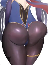 Rule 34 | 1girl, ass, ass focus, blue leotard, breasts, from behind, genshin impact, hand on own ass, highres, large breasts, leotard, lower body, mona (genshin impact), pantyhose, purple pantyhose, revision, sana!rpg, simple background, solo, thighlet, thighs, white background